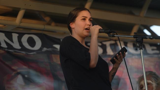 Mother of two Sharna Alley speaks at the #JusticeforCassius vigil. Picture: (A)manda Parkinson