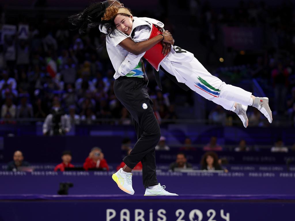 Zakia Khudadadi of Refugee Paralympic Team celebrates after winning the women's taekwondo K44 – 47kg bronze medal contest against Naoual Laarif of Team Morocco (not pictured). Picture: Steph Chambers/Getty Images