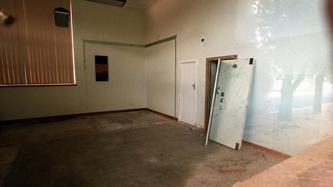 The door to the disused bank vault in Snowtown in May 2000, one year after the bodies in the barrels were discovered. Picture: Chris Mangan