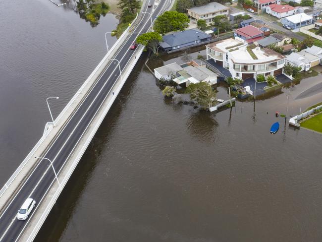 Aerial shot of the flooding at The Entrance in February 2020. Picture: @photoslog