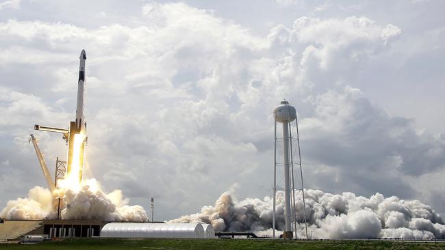 SpaceX Falcon 9, with NASA astronauts Doug Hurley and Bob Behnken in the Dragon crew capsule, lifts off from Pad 39-A at the Kennedy Space Center in Cape Canaveral. Picture: AP