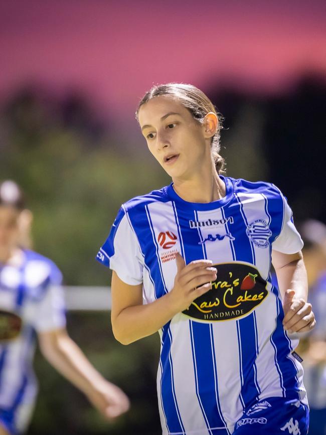 Hellenic's Maria Billas is showing improvement in each and every game in the 2023 NT Football Women's Premier League. Picture: Daniel Abrantes