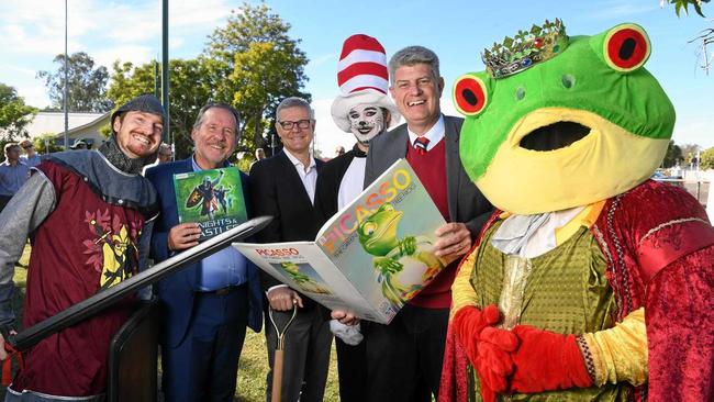 IN CHARACTER: David Smith with Jim Madden MP, Ipswich City Council CEO David Farmer, Cat in the Hat Lachlan Gill, Local Government Minister Stirling Hinchcliffe and Krystal Kathage as a frog to announce the start of construction of the Rosewood Library. Picture: Rob Williams