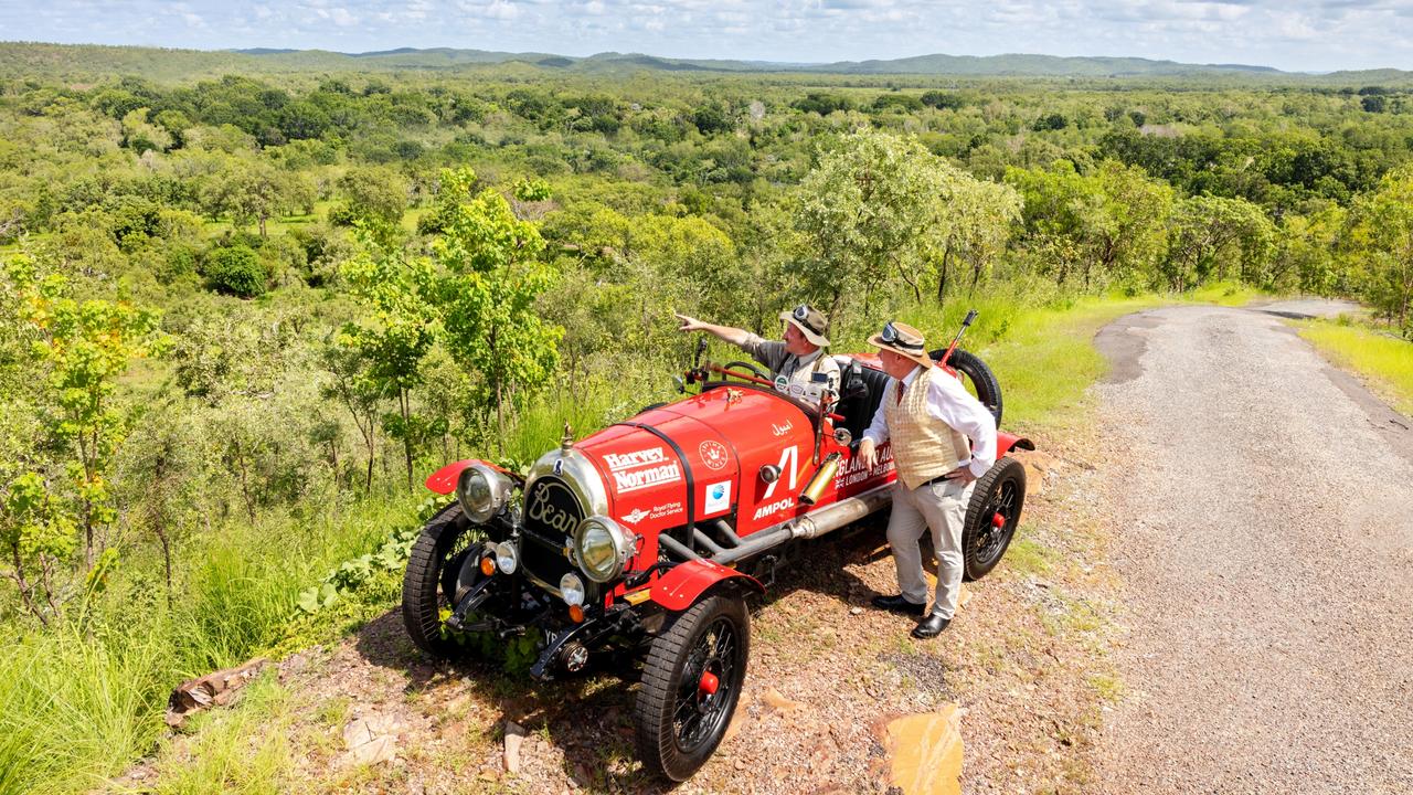 Birtles and the Bean: Matthew Benns and Warren Brown south of the Adelaide River approx. 100km from Darwin, Northern Territory in their globe trotting Bean car before heading south to Melbourne. Photo: Nigel Wright