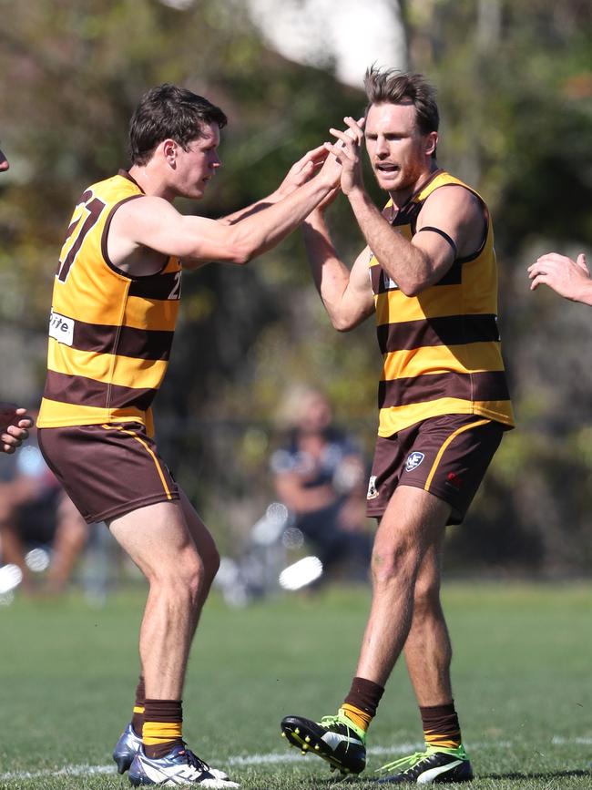 Reece Toye (right) of the Hornets celebrates a goal. Photo: Darren England.