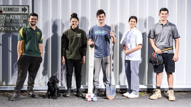 The Cauchi family of apprentices: Jacob (business management), Steph (animal studies), Richard (plumber), Sherina (aspiring chef) and Liam (airconditioning). Picture: Darren Leigh Roberts