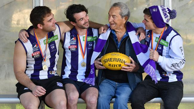 (L-R) Brothers Brad and Luke Johansen with their grandfather Raymond Semmler and Jake Johansen. Picture: AAP/Keryn Stevens