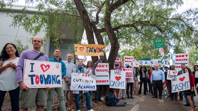 QASMT parents protest at suggestions the new school be built on the academy site.