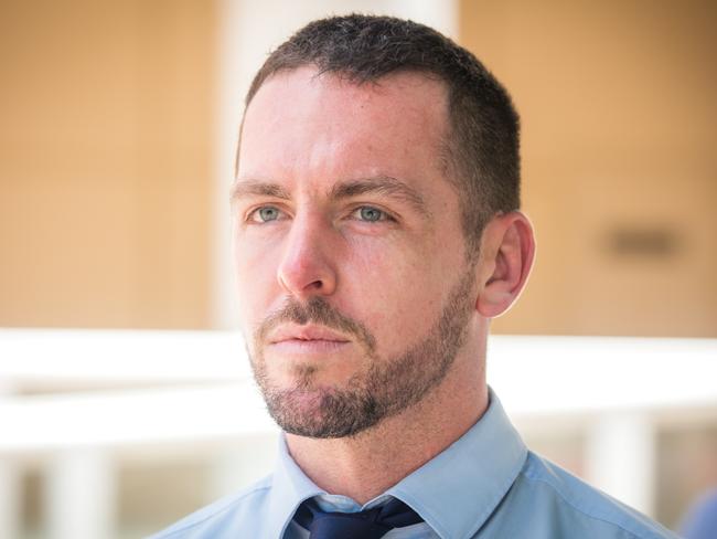 The accused leaves court as  the trial of NT Police Constable Zachary Rolfe for the Murder of Kumanjayi Walker continues in The NT Supreme Court , Darwin.Picture: Glenn Campbell