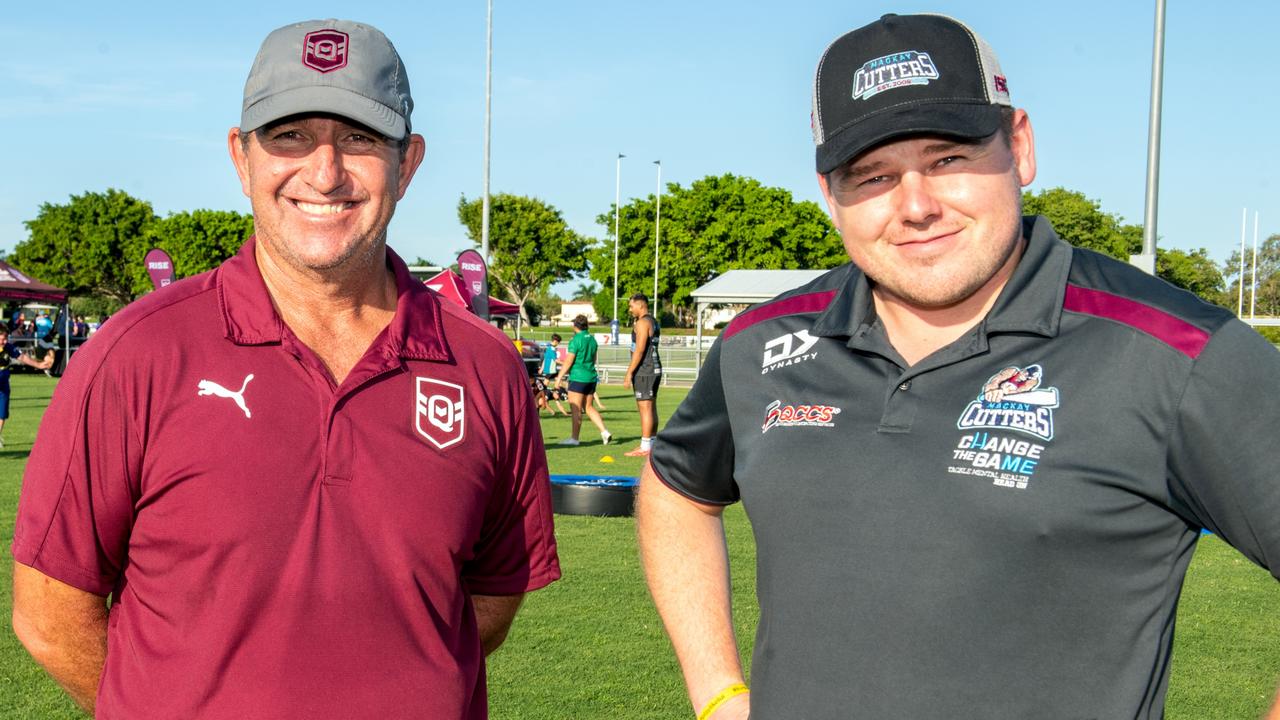 Grant Bignell from QRL and Jarrod Crane from Cutters at The Festival of Rugby League. Picture: Michaela Harlow