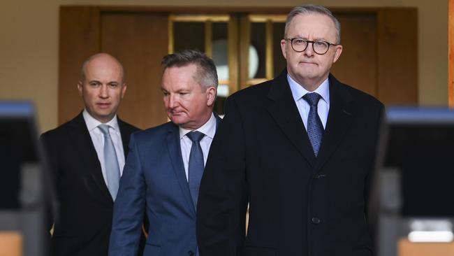 Prime Minister Anthony Albanese and Energy Minister Chris Bowen announced former NSW Treasurer and Energy Minister Matt Kean (left) as chair of the Climate Change Authority. Picture: NewsWire / Martin Ollman