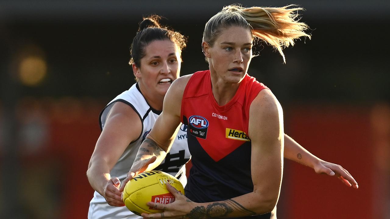 Tayla Harris breaks clear during Melbourne’s Round 10 clash with Carlton at Casey Fields.