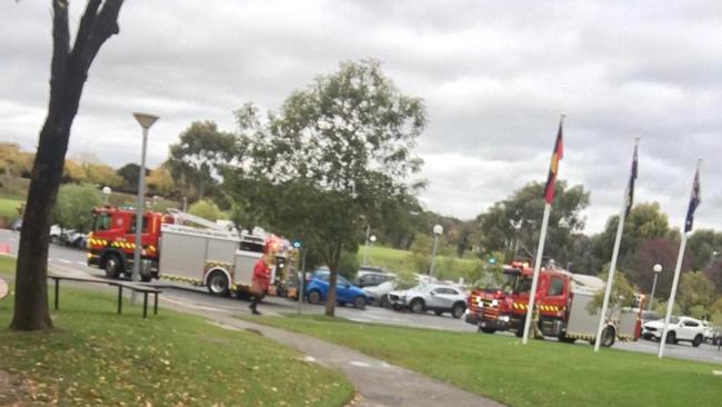 Fire trucks attend Golden Grove High School after a smoke alarm was set off in the school's toilets. Picture: Supplied