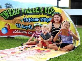 Kelly Hardcastle with Brian, 4, Skie, 9, and Leo, 1, are getting ready for theTweed Valley Fun Day. Picture: Scott Powick