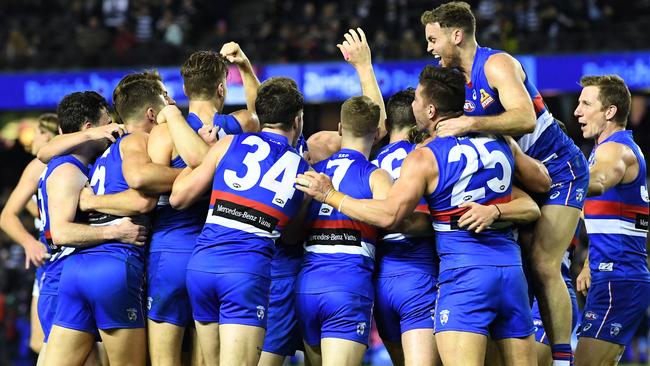 Western Bulldogs players celebrate their fighting win against the Cats. Picture: AAP Image