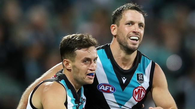 Travis Boak (right) was pivotal in the engine-room. Picture: Sarah Reed/AFL Photos/Getty Images