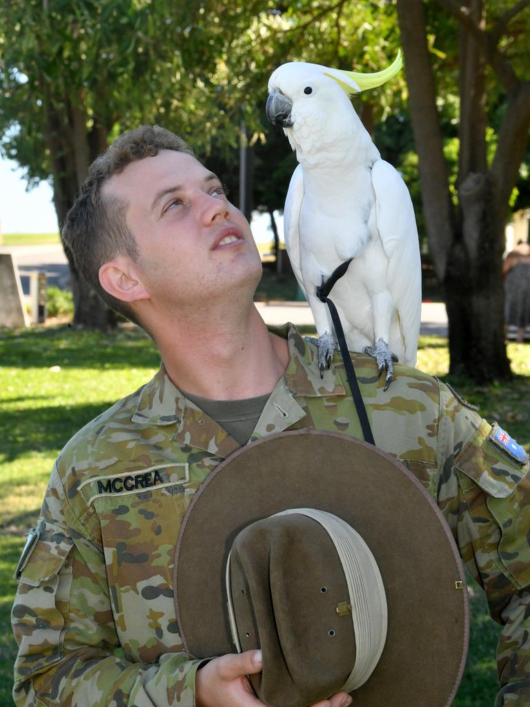 Legacy Centenary Torch Relay and community day at Jezzine Barracks. Private Blake McCrea with 3CER mascot Albie. Picture: Evan Morgan