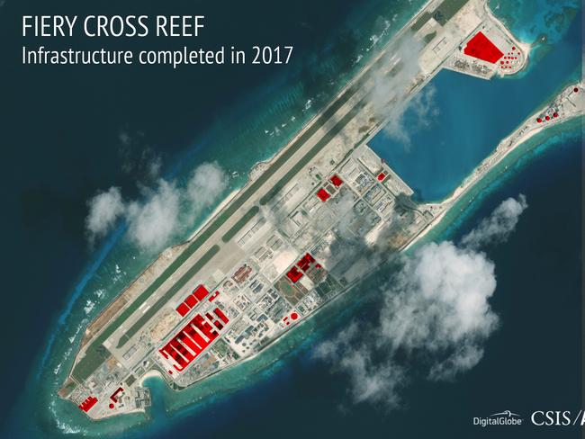 A satellite image of Fiery Cross Reef in the South China Sea showing areas where China has conducted construction work above ground during 2017. Source: CSIS Asia Maritime Transparency Initiative / DigitalGlobe via AP