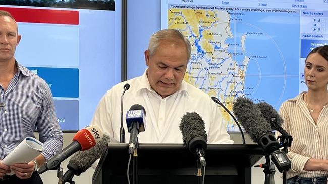 GOLD COAST, AUSTRALIA - NCA NewsWire Photos - 27 DECEMBER, 2023:  Gold Coast mayor Tom Tate, with Queensland Minister for Housing Meaghan Scanlon and Minister for Energy Mick de Brenni speaking about the Christmas Day storm at the Gold Coast disaster centre Picture: NCA NewsWire / Aisling Brennan