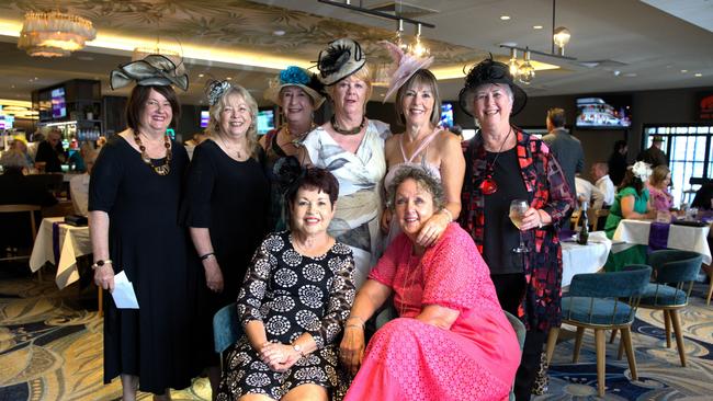 Adele Harrington, Kathie Lisle, Natalie Dan, Shirley Morrison, Ruth Greentree, Gay Brown, and Lesley Westerlo at the Gympie RSL during the Melbourne Cup Races on November 7, 2023.