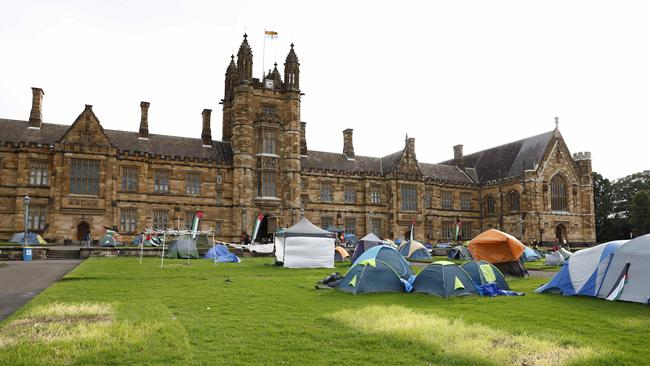 Tents on the lawns at the University of Sydney in June. The pro-Palestine protest remained pitched on campus for almost two months. Picture: Richard Dobson