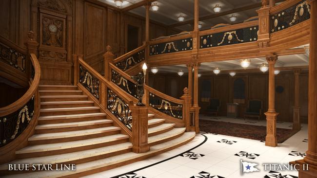 A rendered version of the grand staircase on Titanic II. Picture: AP Photo/Blue Star Line