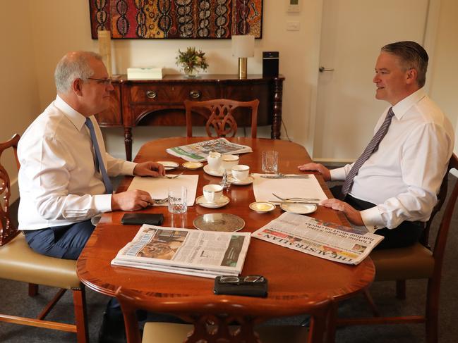 Mathias Cormann enjoying breakfast with the PM after resigning as Finance Minister. Picture: Adam Taylor/PMO