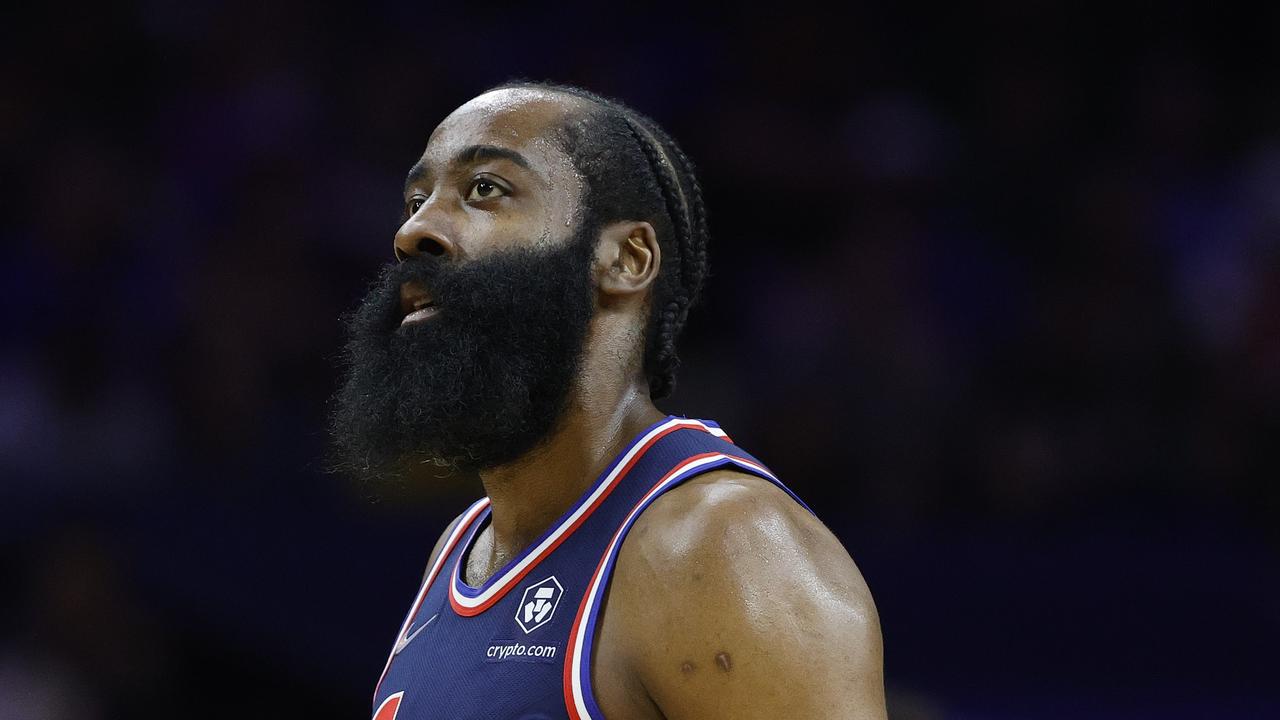 PHILADELPHIA, PENNSYLVANIA - MARCH 29: James Harden #1 of the Philadelphia 76ers looks on during the second quarter against the Milwaukee Bucks at Wells Fargo Center on March 29, 2022 in Philadelphia, Pennsylvania. NOTE TO USER: User expressly acknowledges and agrees that, by downloading and or using this photograph, User is consenting to the terms and conditions of the Getty Images License Agreement. Tim Nwachukwu/Getty Images/AFP == FOR NEWSPAPERS, INTERNET, TELCOS &amp; TELEVISION USE ONLY ==