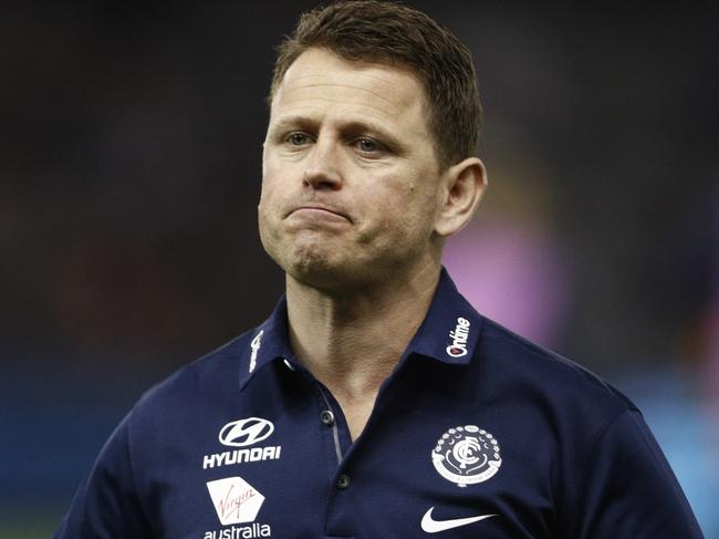 Blues head coach Brendon Bolton is seen during the Round 23 AFL match between the Carlton Blues and the Adelaide Crows at Etihad Stadium in Melbourne, Saturday, August 25, 2018. (AAP Image/Daniel Pockett) NO ARCHIVING, EDITORIAL USE ONLY