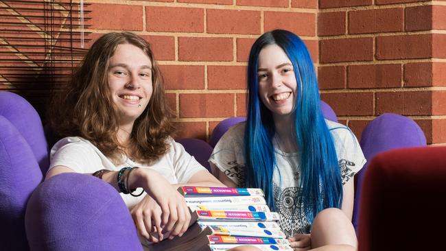 TAFE students Jye Mullen and Brittany Wilson are studying accounting at TAFE SA Adelaide. Picture: Matt Loxton