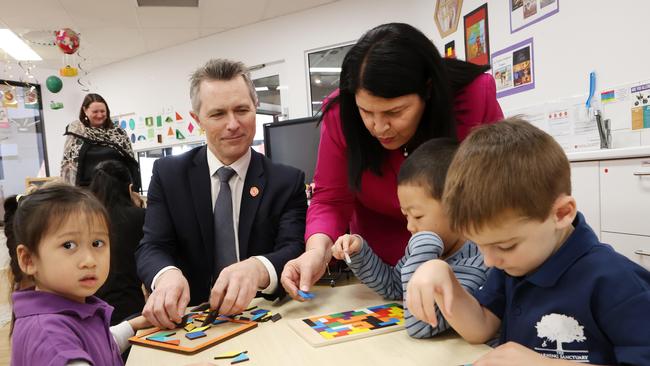 Jason Clare and Queensland Education Minister Grace Grace engage with children last month when they visited The Learning Sanctuary, Brisbane. Picture: Liam Kidston