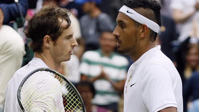 Andy Murray of Britain, left, shakes hands with Nick Kyrgios.