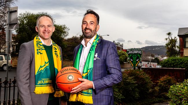 JackJumpers CEO Jorrick Chivers with the new NBL CEO, David Stevenson at the Tasmania JackJumpers headquarters. Picture: Linda Higginson