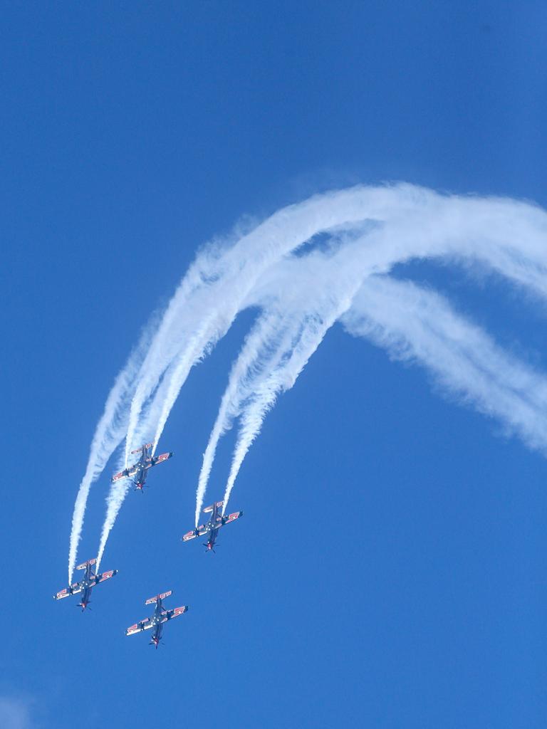 The RAAF Roulettes during the inaugural Pacific Airshow over Surfers Paradise on the Gold Coast. Picture: Glenn Campbell