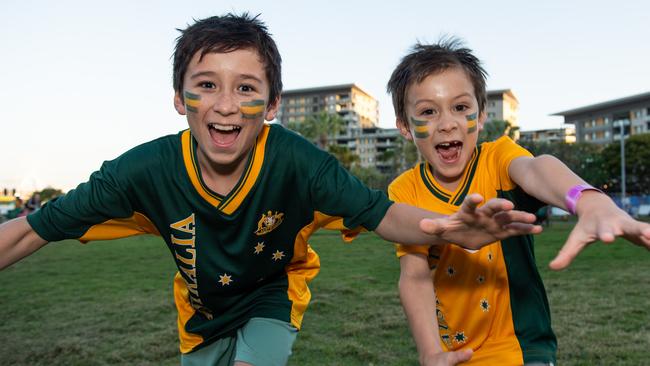 Otto McGann and Grant McGann as thousands of fans gather to watch the Matildas take on England in the World Cup Semifinal at Darwin Waterfront. Picture: Pema Tamang Pakhrin