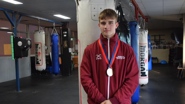 Dalby boy, 15-year-old Judd Alderton came home victorious after competing at the 2023 Australian Schools Boxing Championships, nabbing the gold medal. Picture: Emily Devon