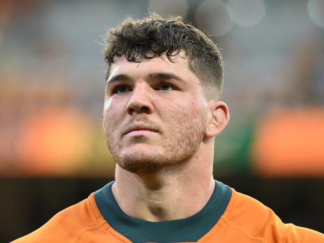 BRISBANE, AUSTRALIA - AUGUST 10: Carlo Tizzano of the Wallabies looks dejected after during The Rugby Championship match between Australia Wallabies and South Africa Springboks at Suncorp Stadium on August 10, 2024 in Brisbane, Australia. (Photo by Matt Roberts/Getty Images)