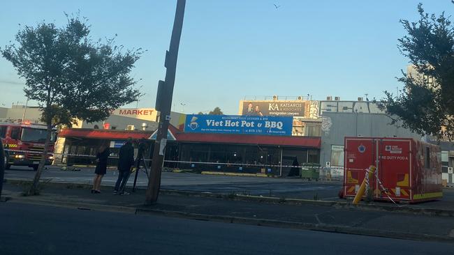 Firefighters remain on scene after a fire at a restaurant in Hopkins St, Footscray late on February 21, 2023. Picture: @cheldab_/Twitter