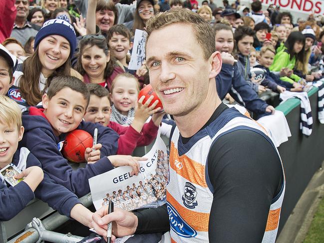 Joel Selwood signs autographs at Geelong Cats training session on Monday, July 4th, 2016. Picture: Nathan Dyer