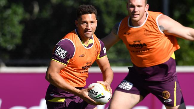 Gehamat Shibasaki (left) in action at training on Wednesday. He’ll start at left centre for tonight’s game. Picture: Darren England/AAP