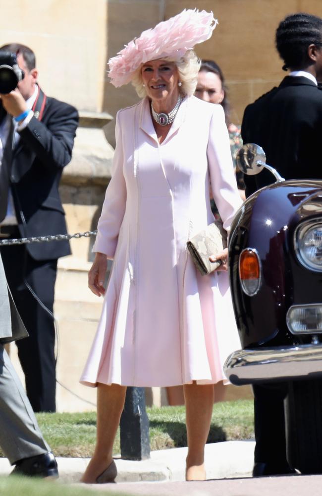 Camilla teamed her soft pink ensemble with an oversized choker and a completely ridiculous hat Picture: Chris Jackson/Getty Images