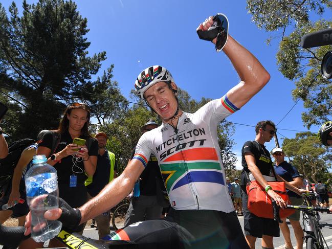 WILLUNGA HILL, AUSTRALIA - JANUARY 20: Arrival / Daryl Impey of South Africa and Team Mitchelton-Scott / Celebration / during the 21st Santos Tour Down Under 2019, Stage 6 a 151,5km stage from McLaren Vale to Willunga Hill 374m / TDU / on January 20, 2019 in Willunga Hill, Australia. (Photo by Tim de Waele/Getty Images)