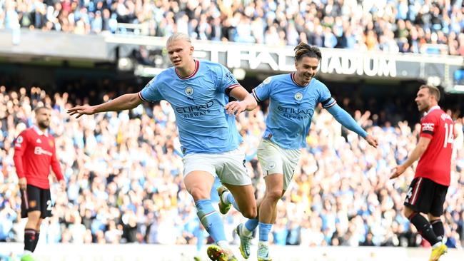 Erling Haaland celebrates a goal for Manchester City against Manchester United at Etihad Stadium. The Manchester derby is one of world sport’s great rivalries. Picture: Getty Images