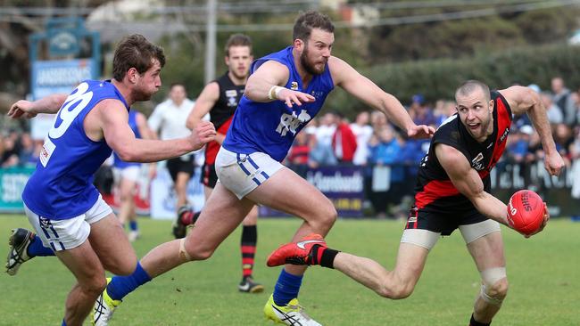 Hastings and the Frankston Bombers battle it out in last season’s Nepean league grand final. Picture: Mark Dadswell