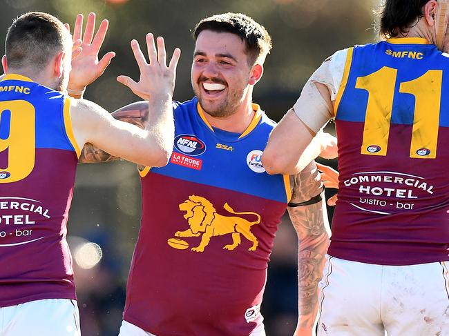 Ben Muscat of South Morang is congratulated by James Hewson after kicking a goal during the 2023 Northern Football Netball League MC Labour Division 2 Seniors Semi Final match between St Mary's and South Morang at Epping Reserve in Epping, Victoria on September 3, 2023. (Photo by Josh Chadwick)