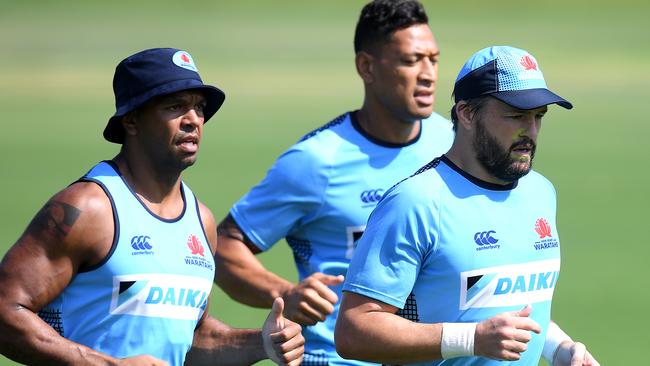 (l-r) Kurtley Beale, Israel Folau and Adam Ashley-Cooper will all feature in the NSW backline against the Reds on Saturday night. Picture: AAP