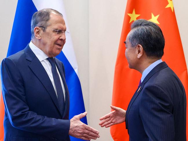 Russian Foreign Minister Sergei Lavrov meets with his Chinese counterpart Wang Yi in Denpasar on Thursday. Beijing’s position on the Russian war will be on the agenda. Picture: Russian Foreign Ministry / AFP