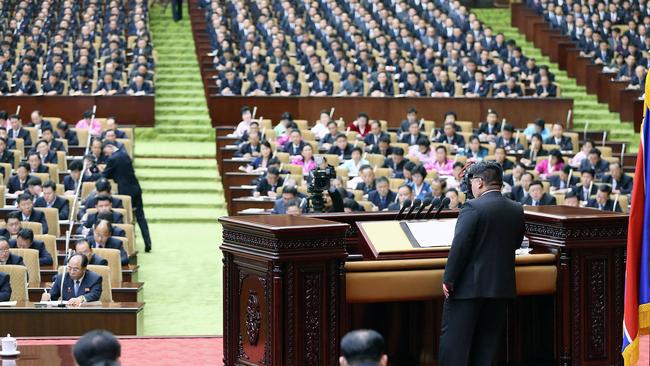 Kim Jong-un speaking at the 10th session of the 14th Supreme People's Assembly in Pyongyang. Picture: CNA VIA KNS / AFP