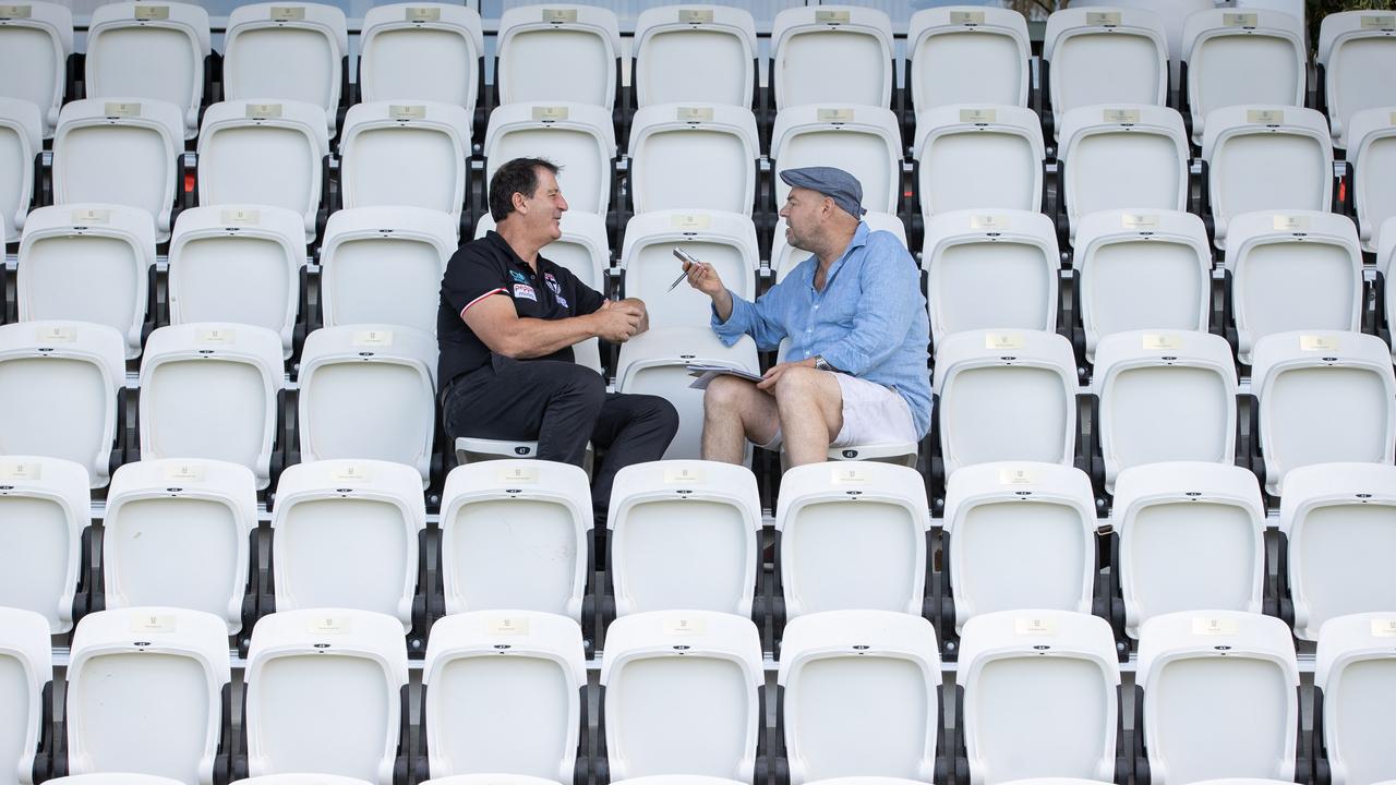 St Kilda coach Ross Lyon and journalist Mark Robinson at RSEA oval Moorabbin. Picture: Jason Edwards