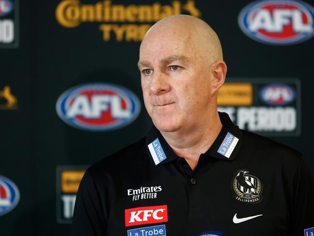 MELBOURNE, AUSTRALIA - OCTOBER 09: Graham Wright, GM of Football of the Magpies speaks with media during the 2023 Continental Tyres AFL Trade Period at Marvel Stadium on October 09, 2023 in Melbourne, Australia. (Photo by Michael Willson/AFL Photos via Getty Images)